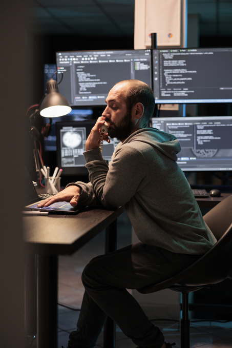 Hombre ingeniero hablando por teléfono frente a ordenador en oficina con pantallas al rededor.